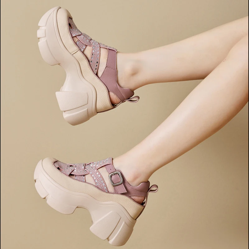 8.5cm Chunky Sneakers Genuine Leather Slide Summer Ankle Rhinestones Hollow Women Platform Sandals Wedge Breathable Female Shoes