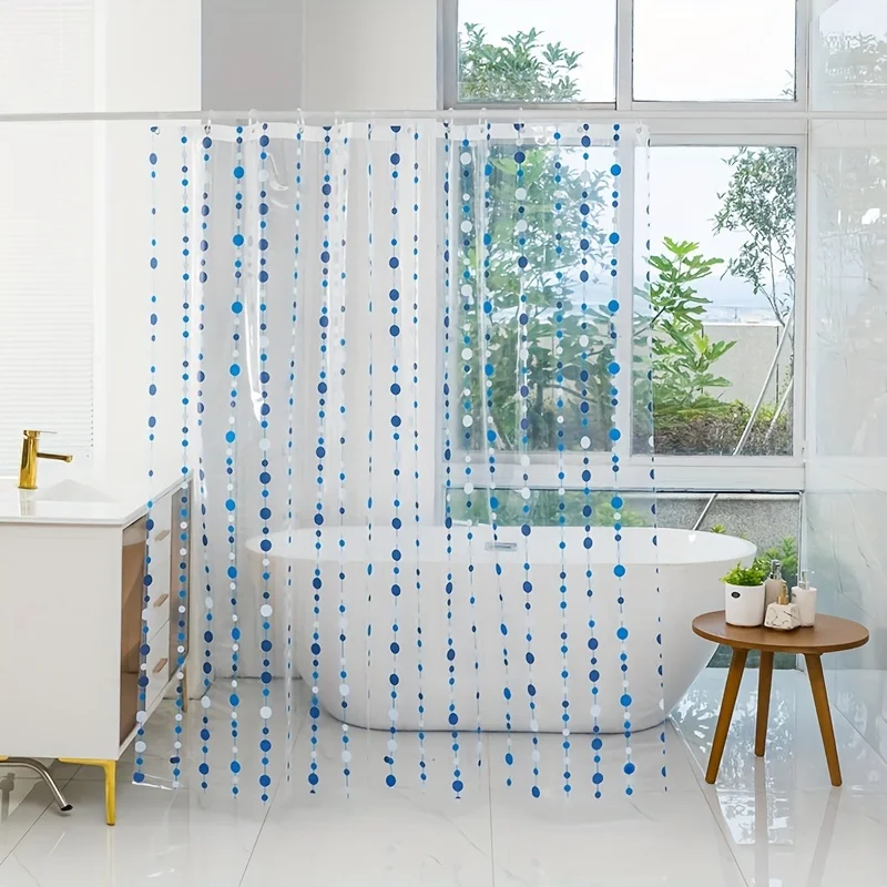 

1pc Transparent Blue Beaded Shower Curtain, Waterproof Shower Curtain With 12 Hooks, EVA Mouldproof Translucent Bathroom Curtain