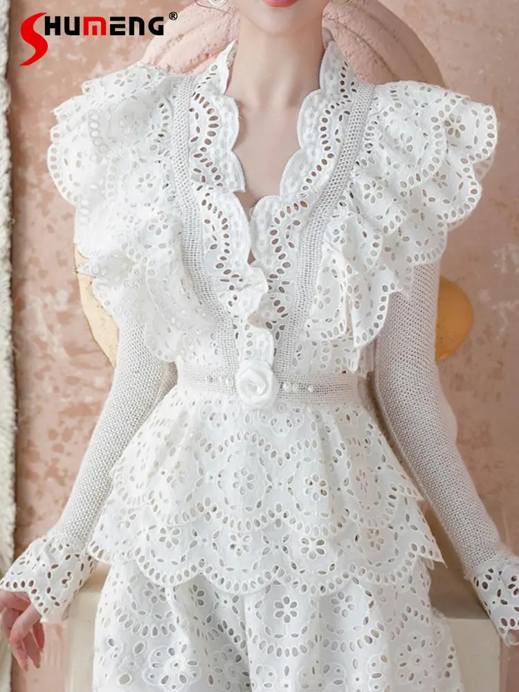 French Woman Sleeveless White Lace Hollow Short Dress 2023 Spring and Autumn New Suit Shorts Sweet Women Cake Dresses Vestido