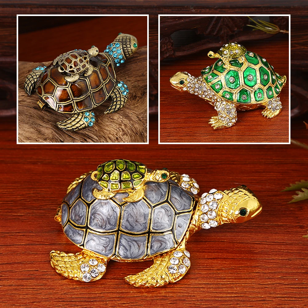 Фото Кристаллы Bejeweled черепаха безделушка коробка с откидной эмалью фигурка матери-ребенка Черепаха Животное Ювелирное кольцо держатель коробка... №2