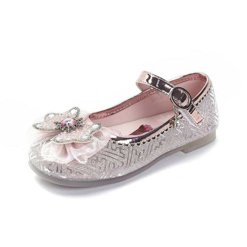 Туфли детские с бантом и блестками серебристые розовые Размеры 26-36