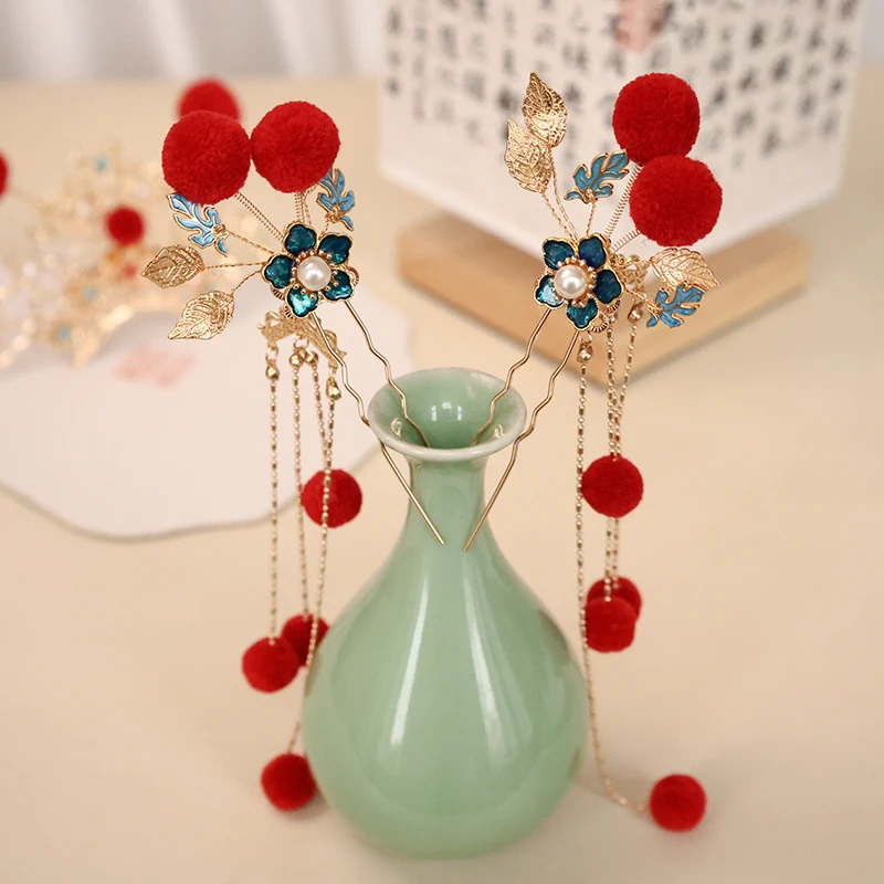 Красный шарик волос с кисточкой заколка для корона набор из 3 предметов