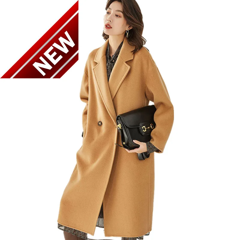 

Coat Spring Autumn Cashmere Women's Loose Medium Length Double-Breasted Trench Urban Casual Lapel Solid Dropped Shoulder