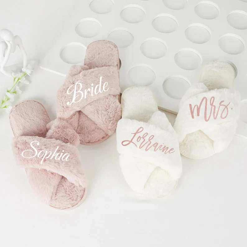 Personalized Bridesmaid Slippers Wedding Fluffy Custom Bride Bridal Shower Slipper Bachelorette Party Womens Maid of Honor Favor