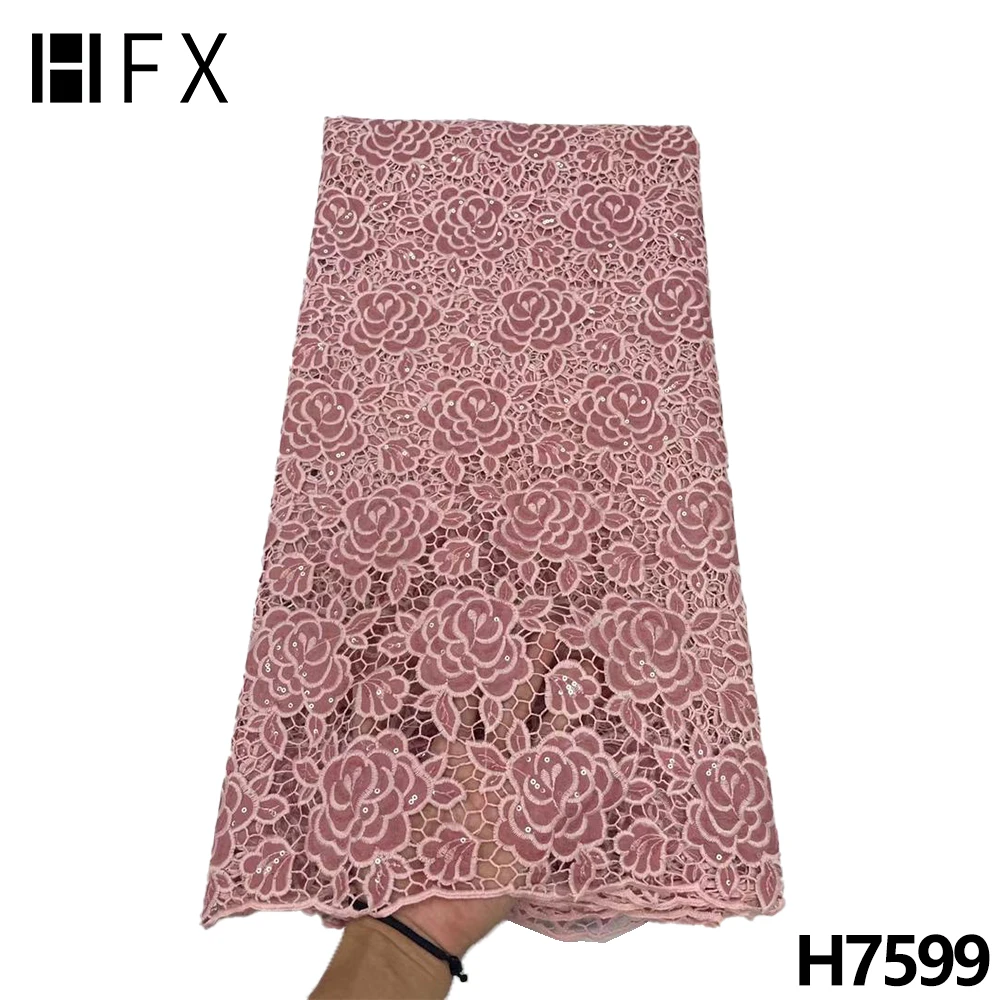 

HFX 2022 High Quality Guipure Lace fabric with sequins Latest African French cord Lace Fabrics For Nigerian Wedding 5Yards H7599