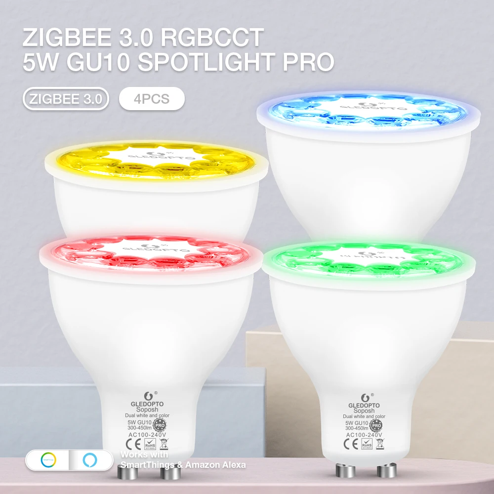 4PCS Smart Spotlights Zigbee 3.0 Color Changing 5W GU10 Pro LED Light Spotlight Bulb Suitable For Bedroom Living Room Kitchen