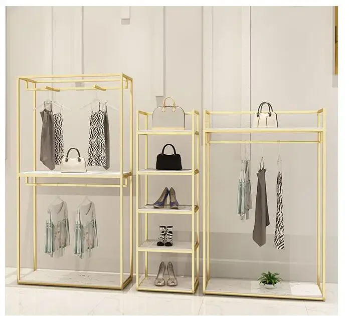 Золотая настенная полка для магазина женской одежды витрина напольная вешалка