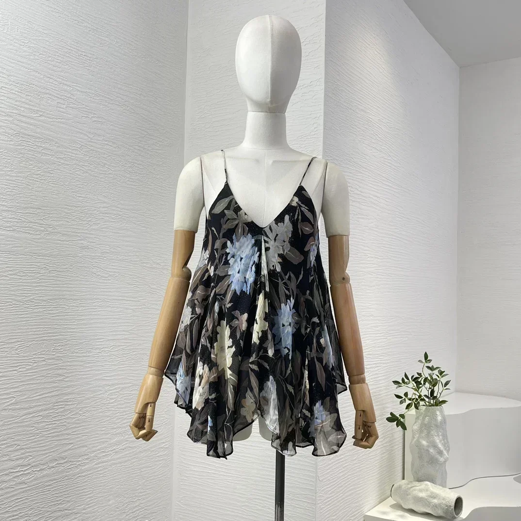 Высококачественная женская черная блузка без рукавов с цветочным принтом и