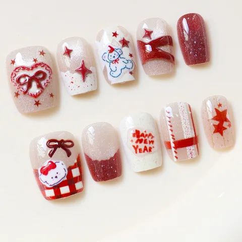 Красные короткие квадратные накладные ногти "кошачий глаз", 10 шт.