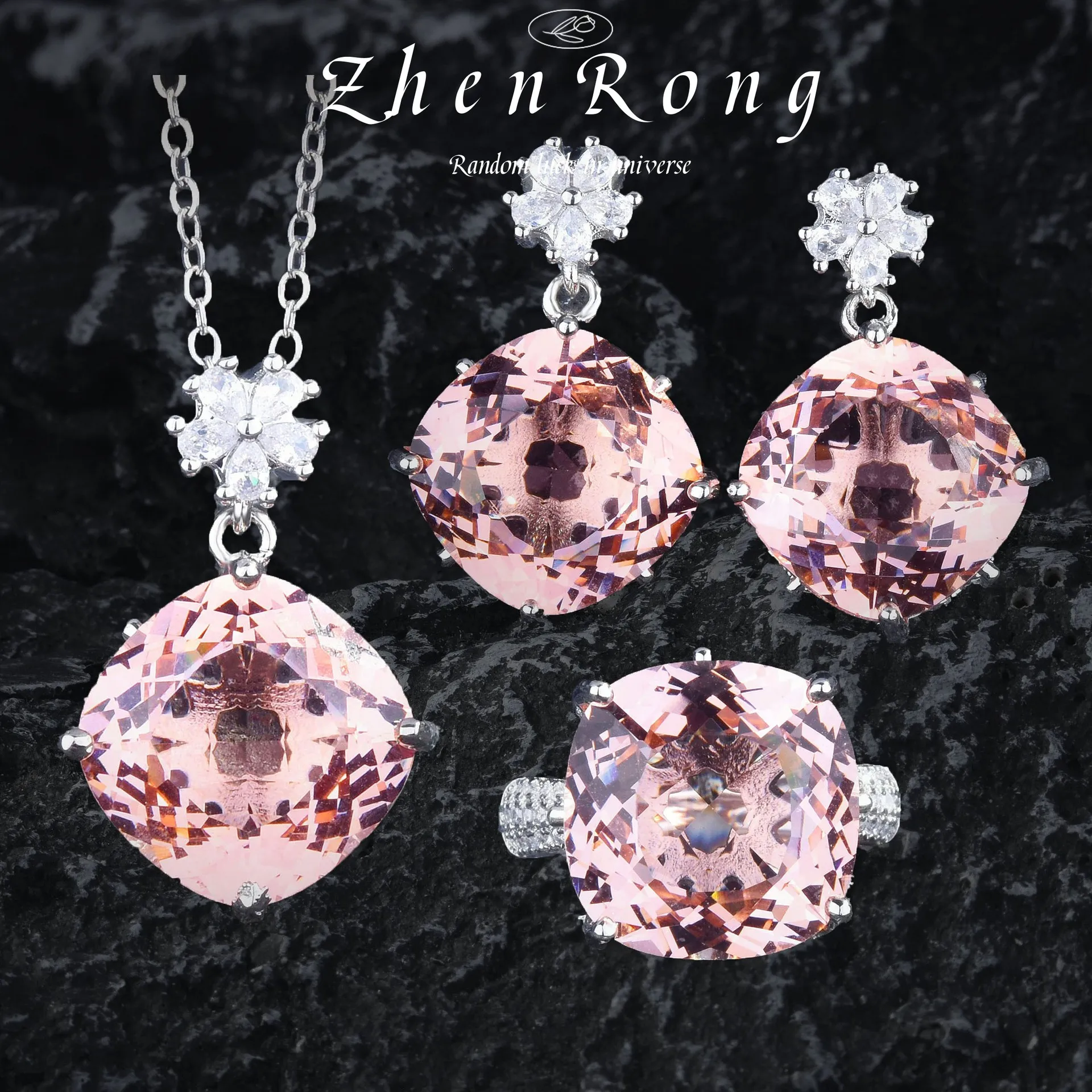 

Exquisite Cute Champagne CZ Jewelry Sets For Women Silver Color Rings Earring Pendant Necklace Ladies Cocktail Party Accessories