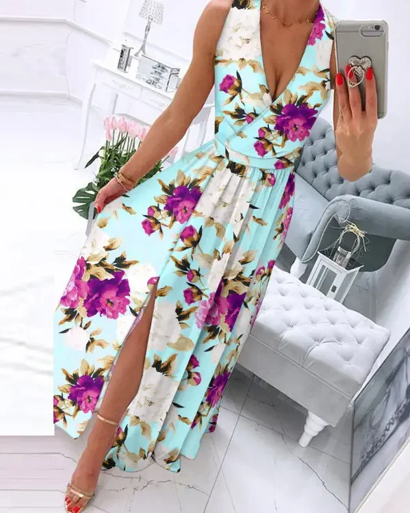 

CHAXIAOA 1 Piece Summer 2022 Women Floral Print V-Neck Sleeveless Split Thigh Maxi Dress