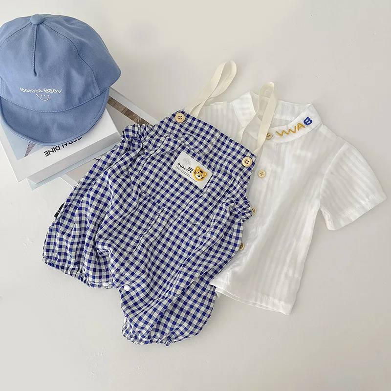 

2pcs Newborn Boys Sets Summer Baby Girls Short Sleeve Button Shirt + Plaid Suspender Shorts Fashion Kids Overalls Outfit