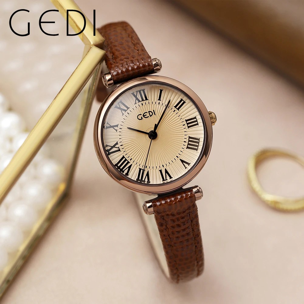 GEDI Retro Women Watches Vintage Roman Dial Leather Strap Waterproof Female Watch Fashion Casual Ladies Quartz Wristwatches 2023