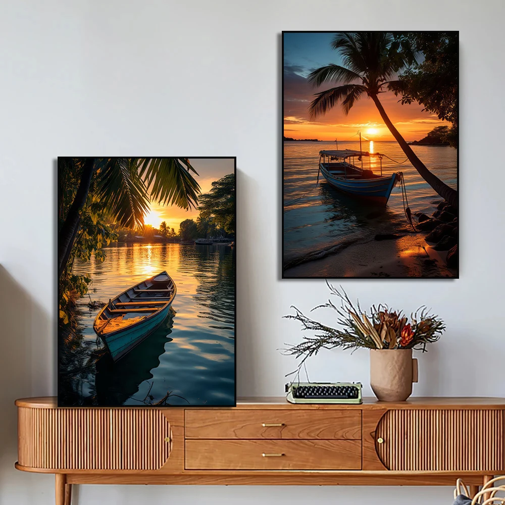 Тайская лодка плакаты Пальма морской закат природный пейзаж холст живопись