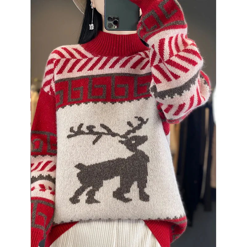 Deer 2025 рождественские утепленные женские свитера из 100% шерсти зимний вязаный
