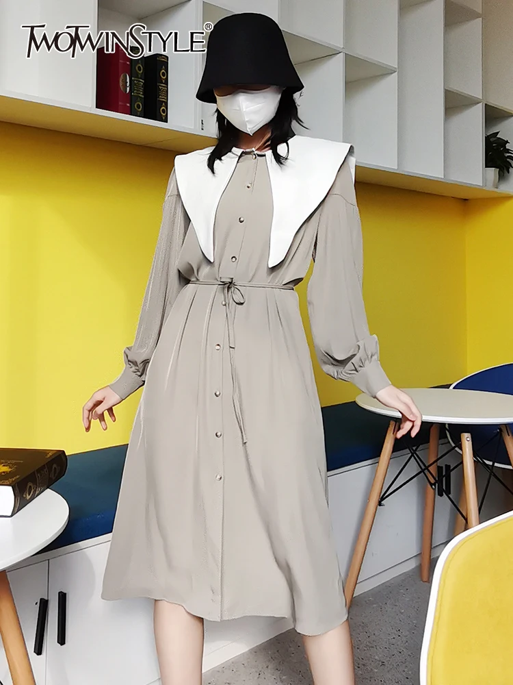 

Женское винтажное платье TWOTWINSTYLE, свободное платье средней длины с отложным воротником, длинным рукавом и высокой талией, весенняя одежда