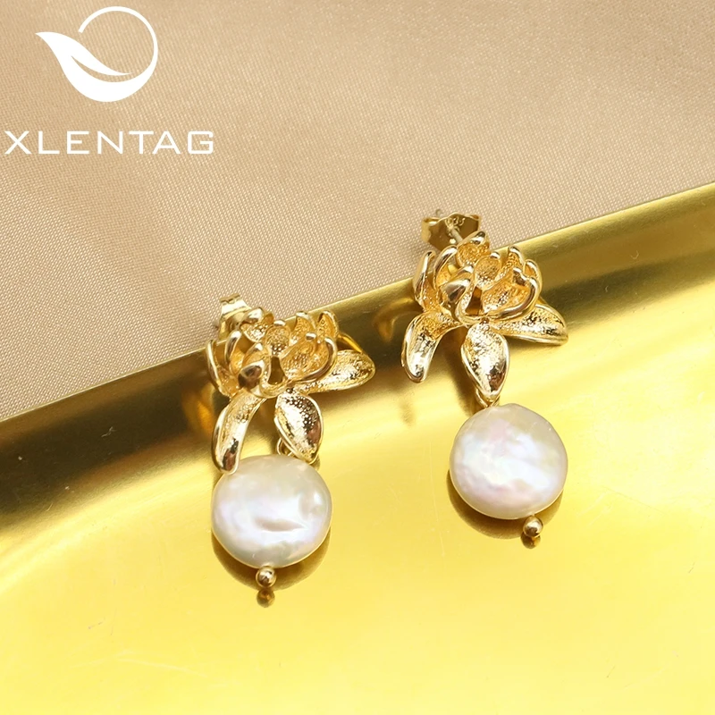 

XlentAg Retro Light Luxury Metal Lotus Baroque Pearls Women Drop Earrings French Minimalist Personality Charm Anniversary GE1184