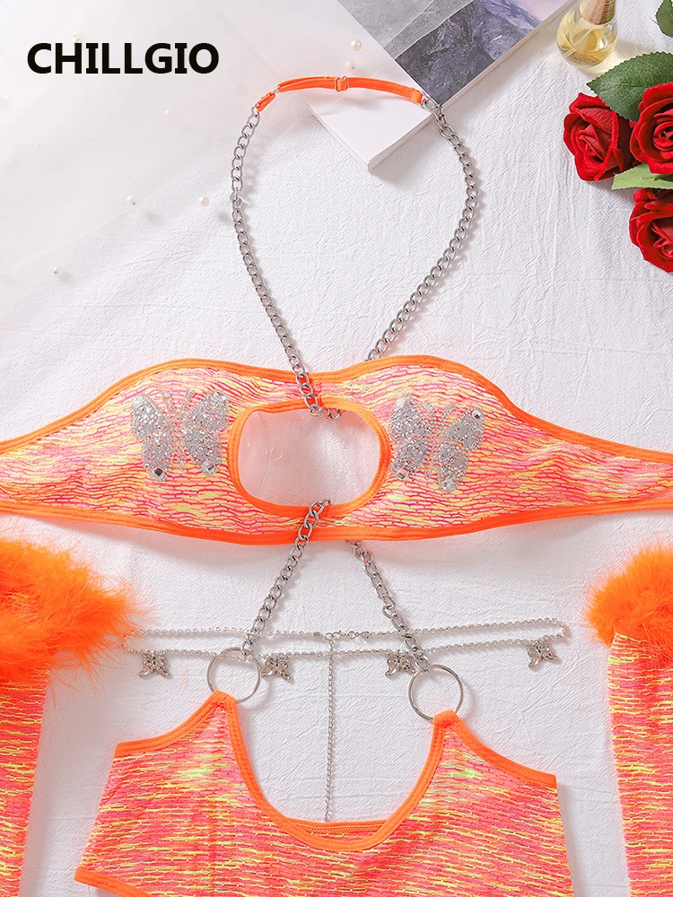 CHILLGIO женские блестящие боди с бриллиантовой цепочкой полые цельные