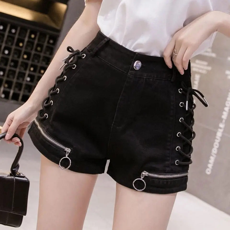 2022 new denim shorts women's  lace-up pants scheming zipper design sense A-line high-waist denim trendy pants