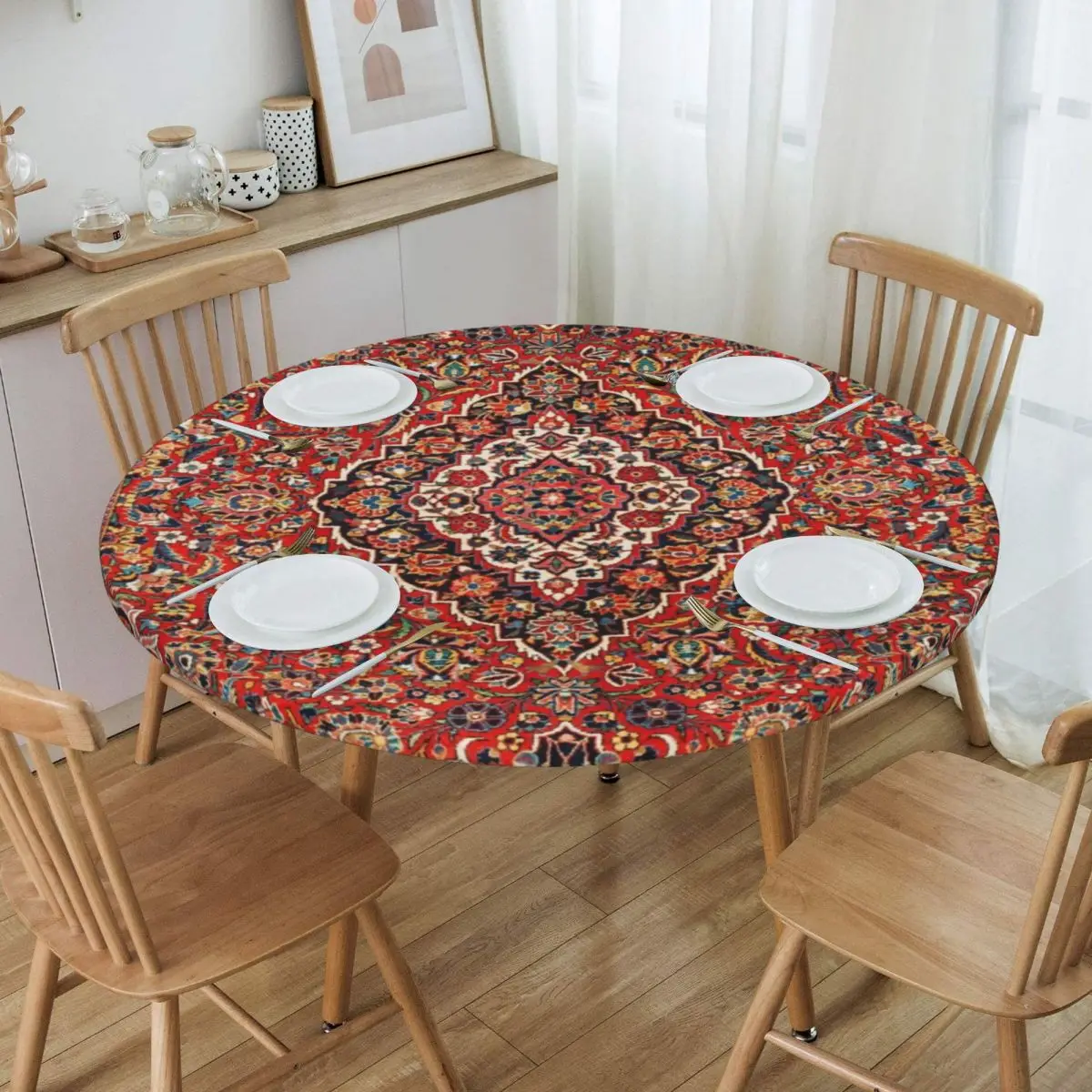

Kashan Antique Central Persian Rug Tablecloth Round Fitted Waterproof Boho European French Aubusson Table Cloth Cover for Party