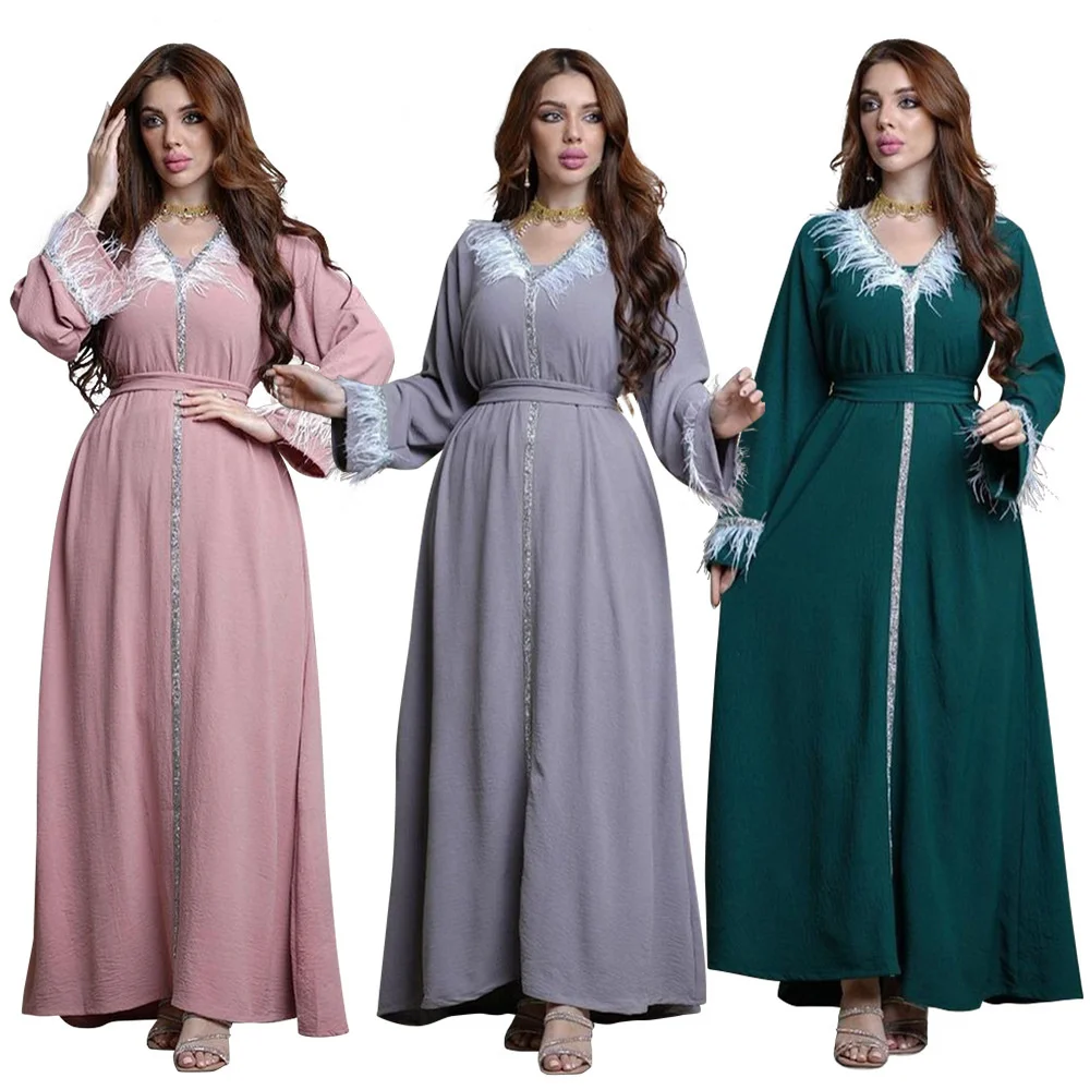 

Kaftan Abaya Dress Turkey Belt Women Robe Four Season Universal Dress Muslim Dubai Female Dress Fashion Long Sleeves Dress