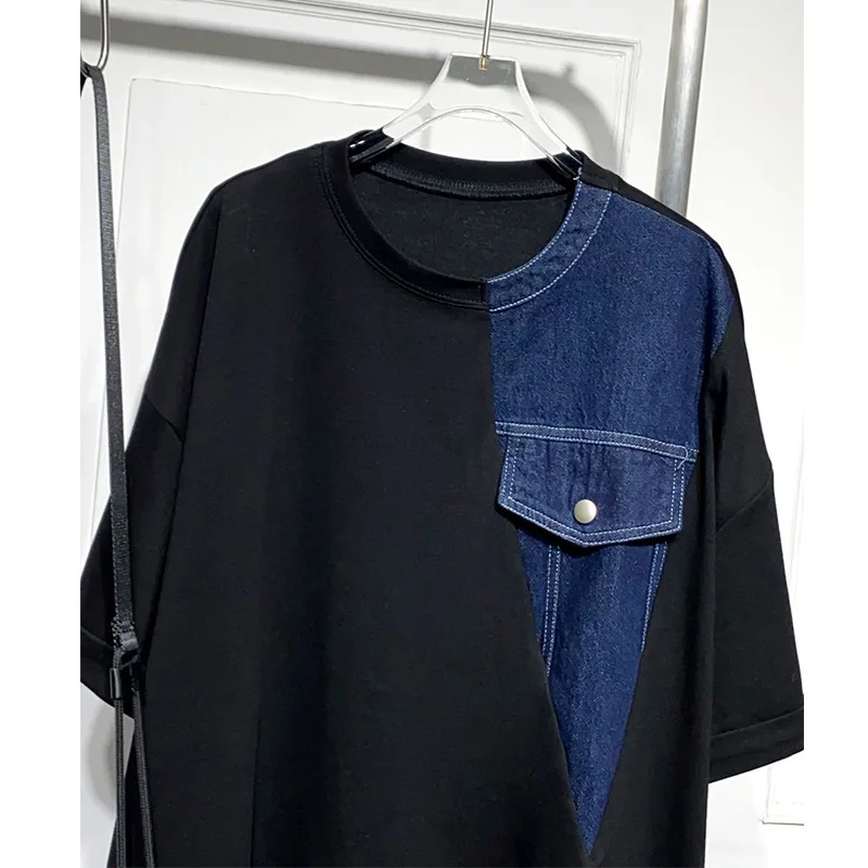 Korean Round Neck Patchwork Denim Plus Size Summer Black Versatile Short Sleeve Loose Mid Length Version T-Shirt Straight Dress