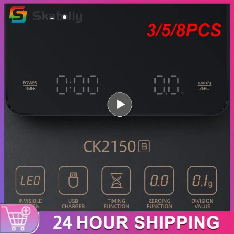 

8PCS 3kg / 0.1g New LED Screen Charging Coffee Scale Timing Hand Brewing Coffee Electronic Scale Household Kitchen Scale