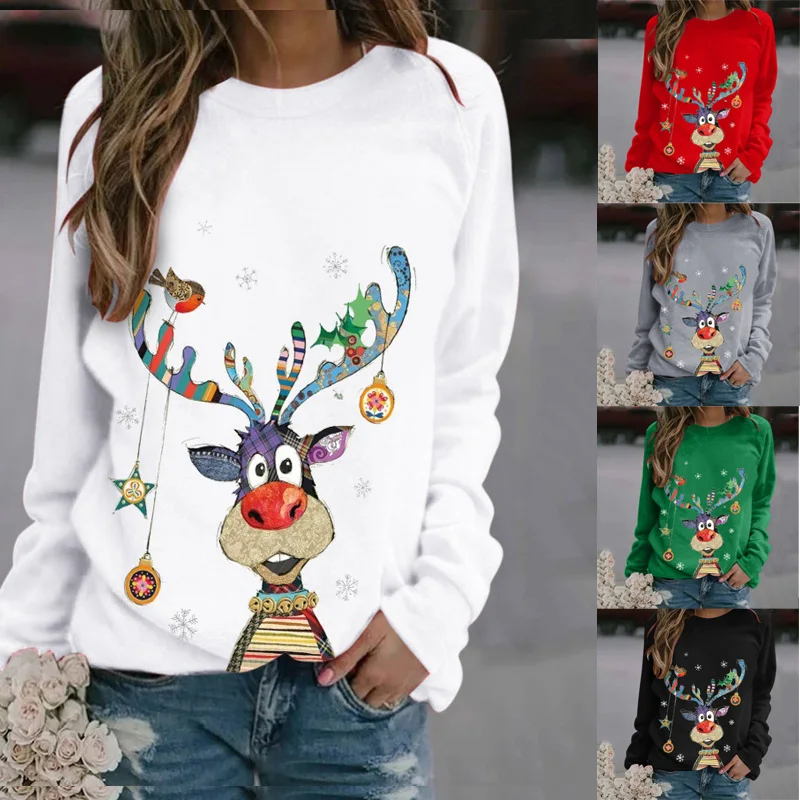 

Autumn Winter Women's O Neck Long Sleeve Top Merry Christmas Ladies Knitted Rudolph Reindeer Pullover Casual Loose Tops T-shirt