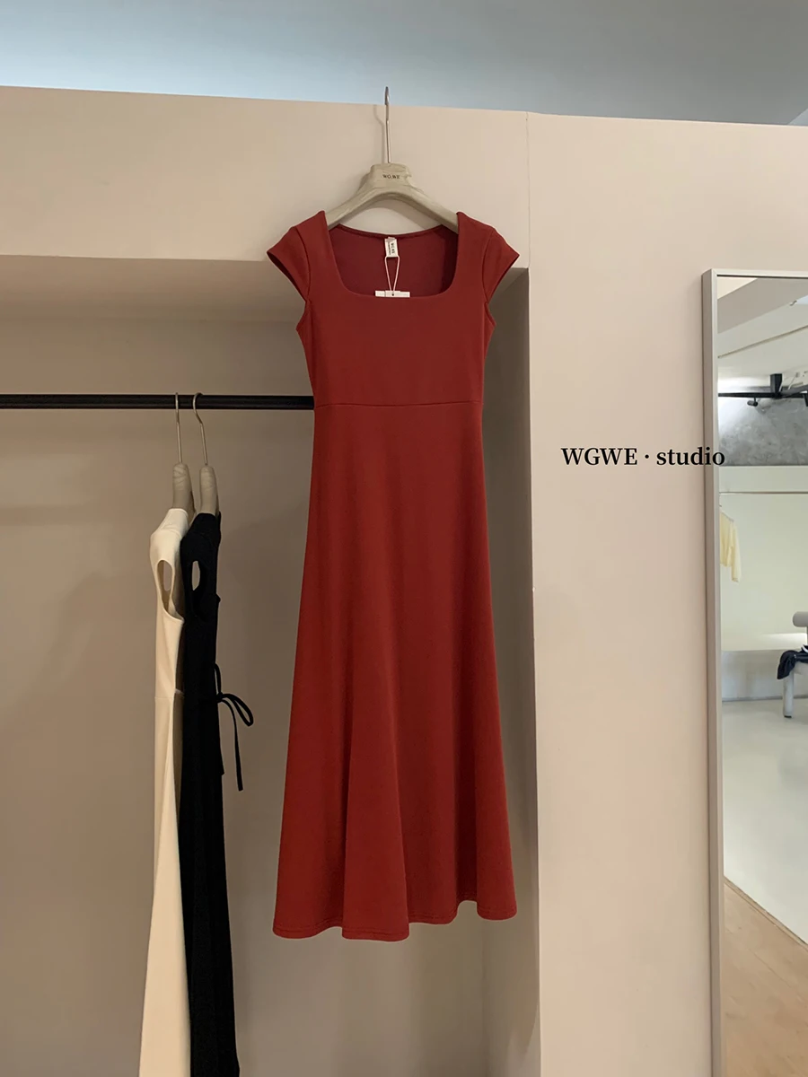 French sle Simple Square Collar Strap Dress Women Versatile Temperament Drape Waist Hugging Slimming Slim fit Long dress