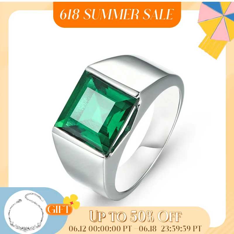 Emerald Sterling Silver Ring 925 Silver Jewelry 4.8 Carats in Square 10mm Created Emerald Green Color With Top Quality For Men
