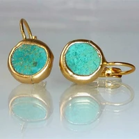 trendy gold color green stone unique earrings gifts for women womens everyday simple framed stone drop earrings