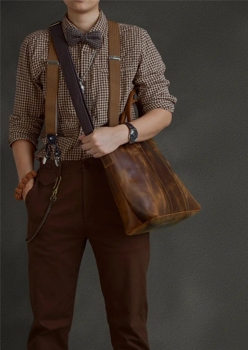 Vintage luxury crazy horse cowhide men's briefcase business casual designer genuine leather laptop handbag work messenger bags