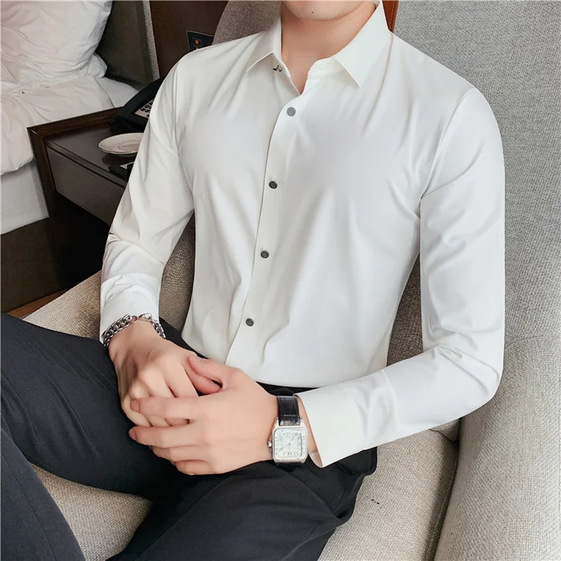 2022 High Elastic Seamless Ice Silk Men's Shirts Long Sleeve Solid Color Slim Casual Shirt Business Social Formal Dress Shirts