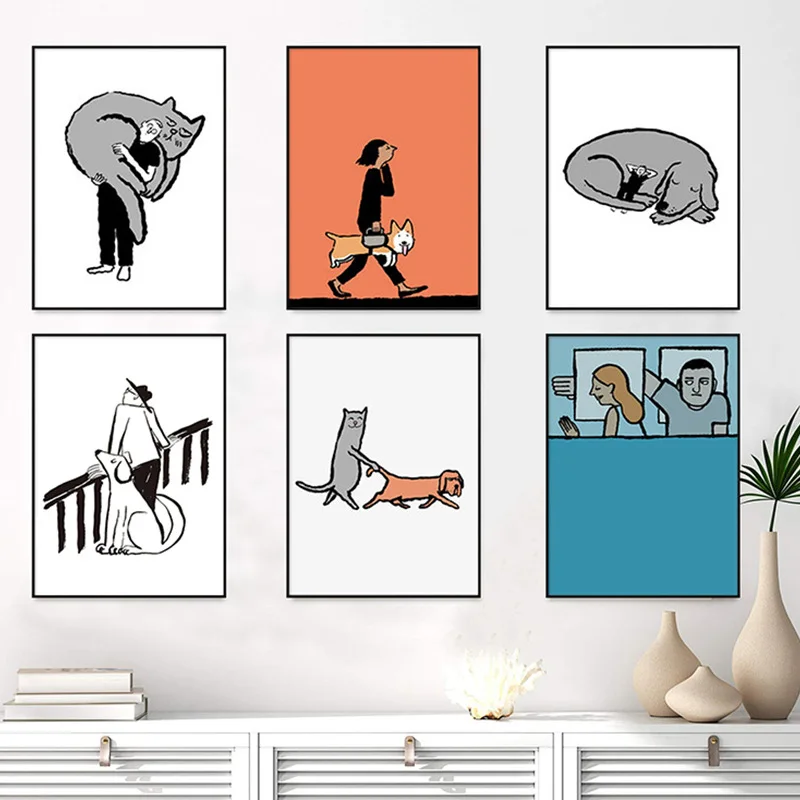 Современные комиксы кошка собака пара простые декоративные картины черно-белые