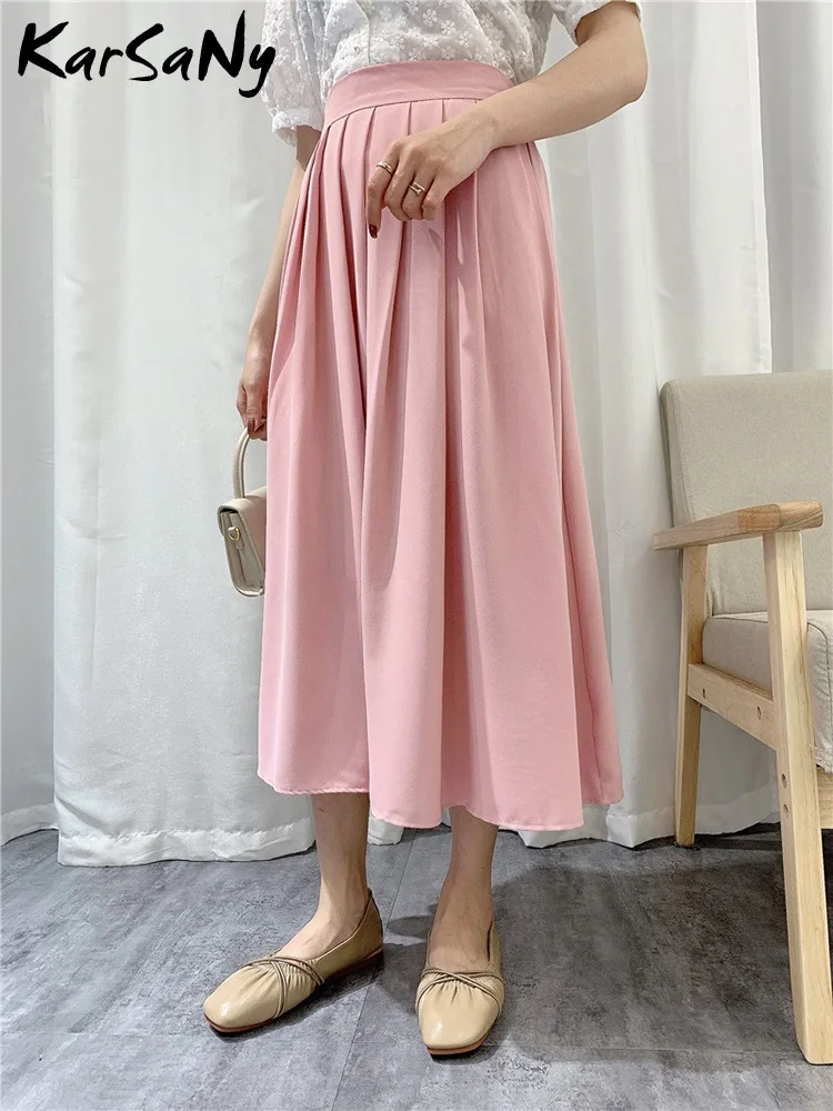 

KarSaNy Summer Long Pleated Skirts For Women Fashion 2022 Elegant Maxi Pink Skirt High Waist Women's Skirts Ladies Knee Length