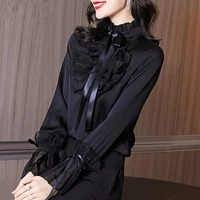 fashion 2022 oversized black bow chiffon shirt patchwork open stitch ruffled neck vintage office lady flare long sleeve blouse