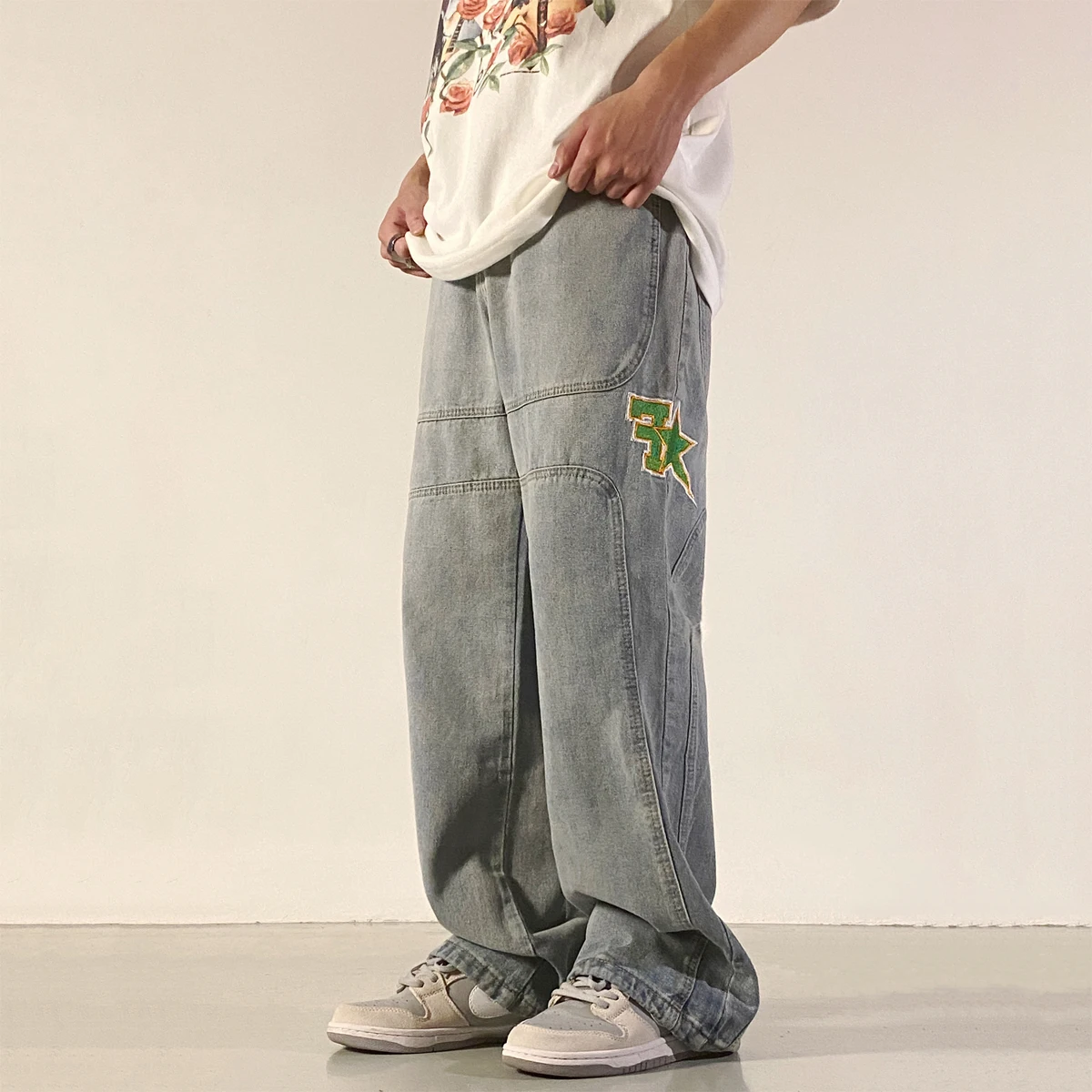 Four Seasons Men Jeans High Street Letter Embroidery Stitching Micro-Flare Casual Men's Loose Jeans Y2k Pants Ins Hot Sale JEANS