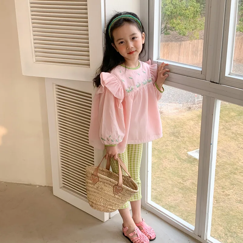 

2023 Infant Babies Casual Blouse Kids Girls Pink Embroidery Baby-doll Shirts Children Plain Tops Toddlers Spring Fall Clothings