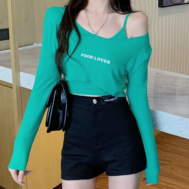 

One-Piece Collar Women'S Spring Off-The-Shoulder Fashion Letter Print T-Shirt Long-Sleeved Top Slim Suspender Two-Piece Set