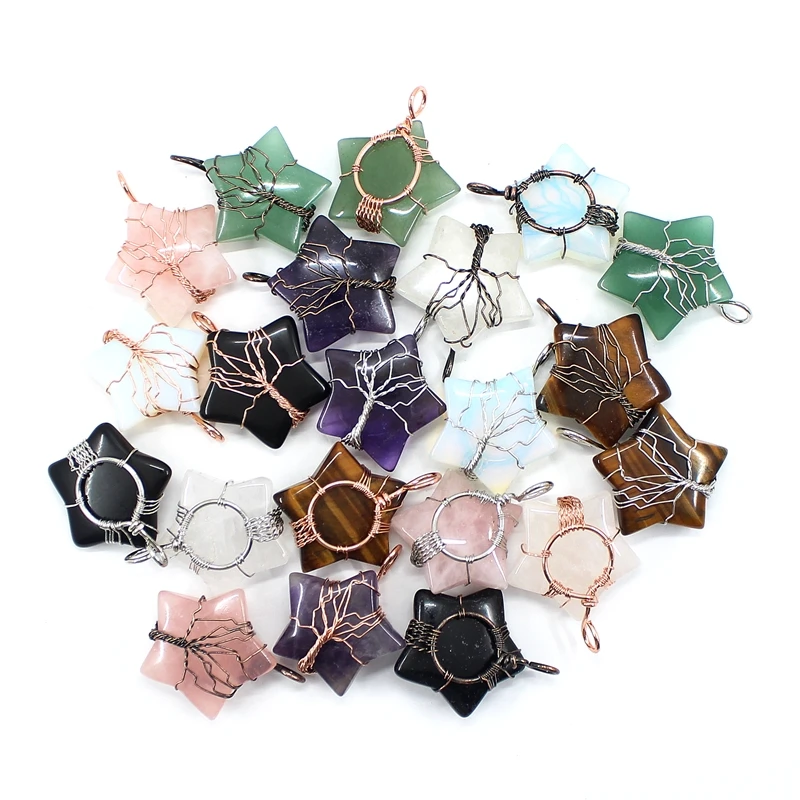 

Natural Stone Star Pendant Tree Of Life Wire Wrap Aventurine Amethyst Rose Quartz Opal For Jewelry Making Necklace Accessorie