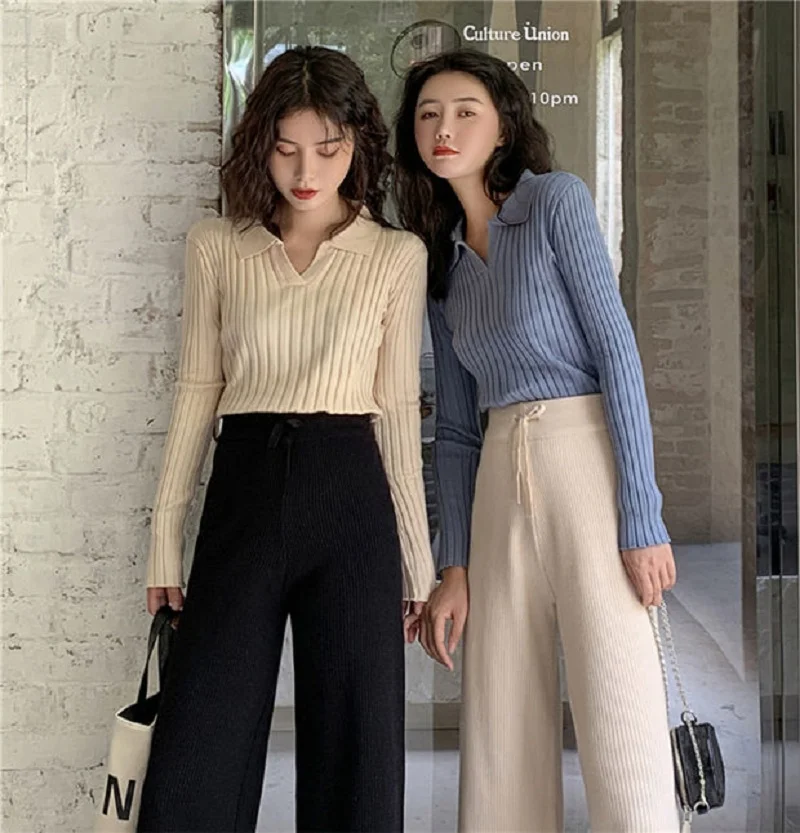 

Polo Collar Knitwear Women's Gentle Style Long Sleeve Slim Fit Underlay V-Neck Sweater Women's Autumn and Spring Polo Shirt