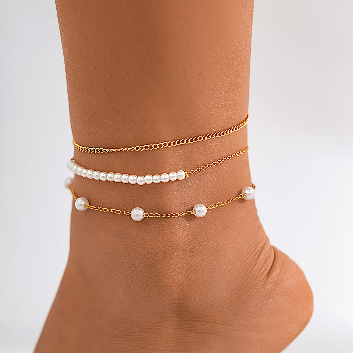 

IngeSight.Z Vintage Multilayer Immitation Pearl Beaded Anklets Set for Women Punk Gold Color Link Barefoot Chain Summer Beach