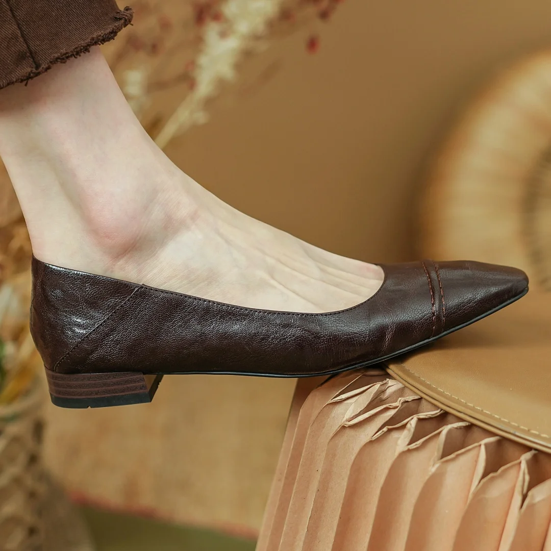 Балетки женские из мягкой овечьей кожи без застежки квадратный носок удобная