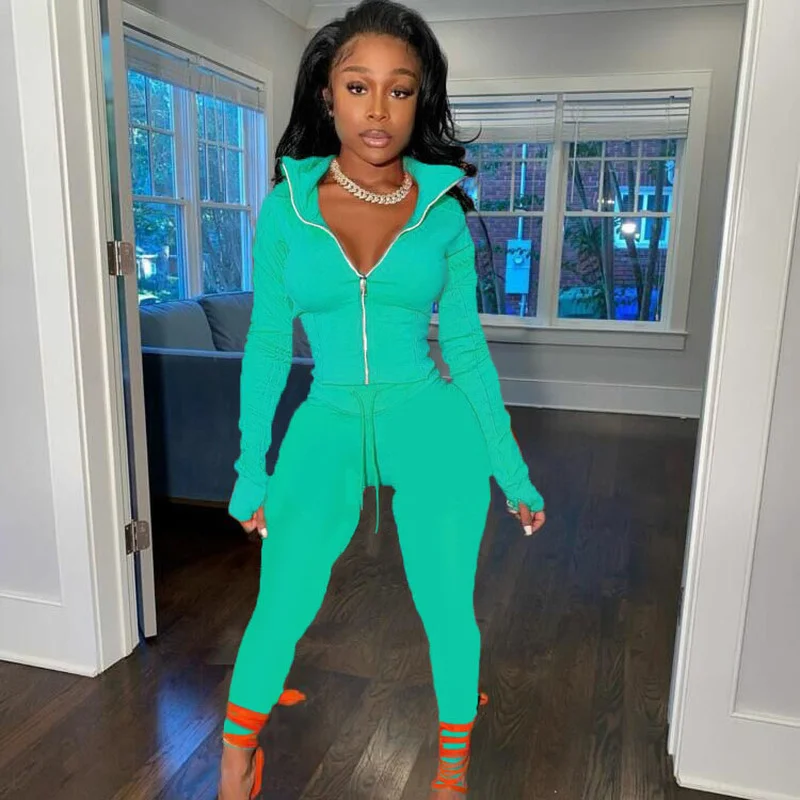 

WUHE Casaul Women Tracksuit Two Piece Set Jacket Coat + Long Pants Zipper Streetwear Matching Set Soild Sport Women Clothes