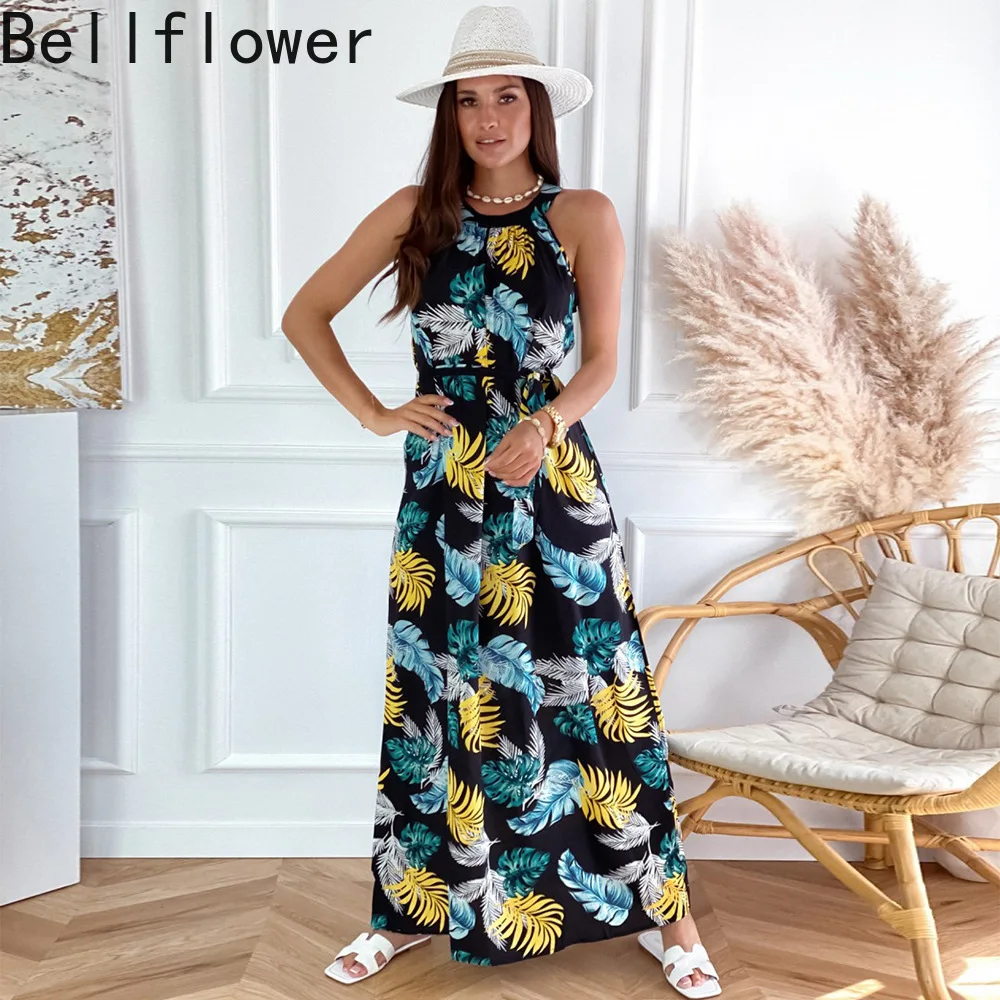 

Floral Print Summer Maxi Dress 2022 Women Neck-mounted Halter Backless Sexy Robe Bohemian Sleeveless Long Beach Dresses Vestidos