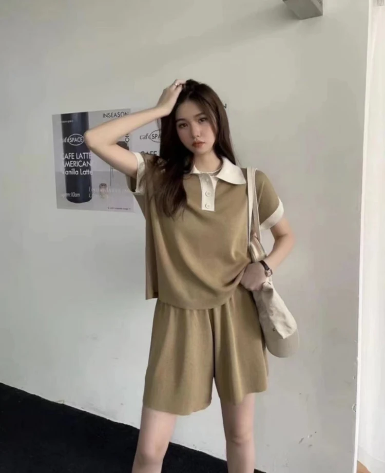 

New Korean Fashion 2 piece sets womens outfits Summer Knitted Short Sleeve Lapel Casual Tops + Wide Leg Shorts Women's Tracksuit