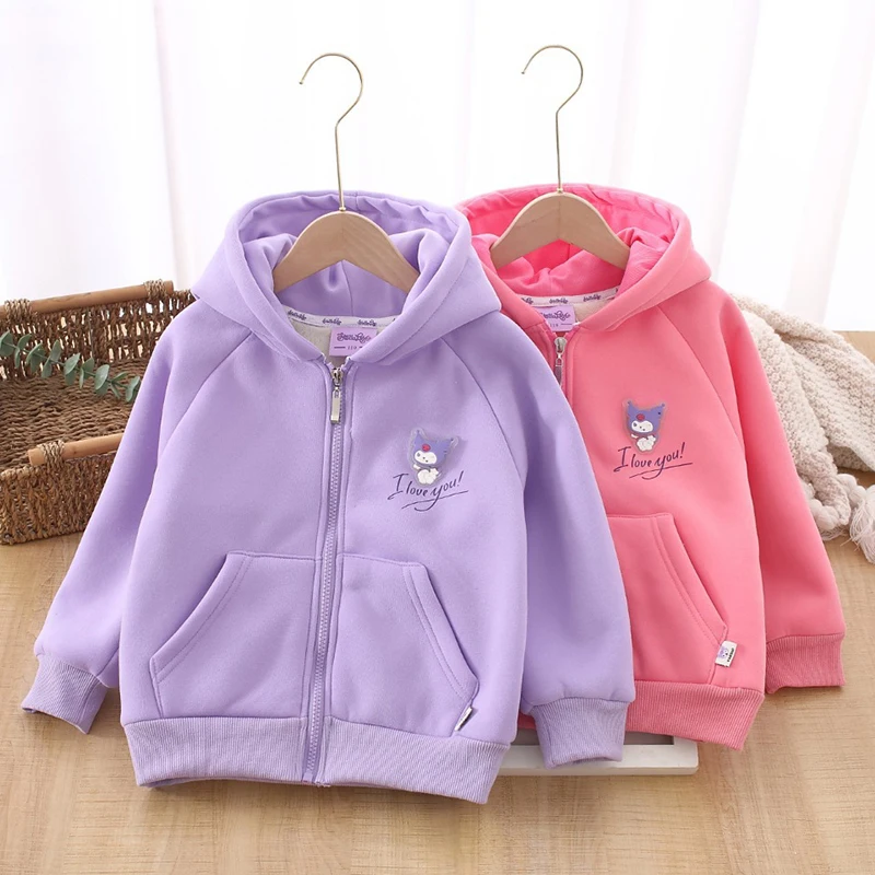 

Kawaii Kuromi Sanrio Anime Wintertime Children Fleecing Hoodie Jacket Cute Cartoon Thickness Long-Sleeved Coat Gifts for Girls