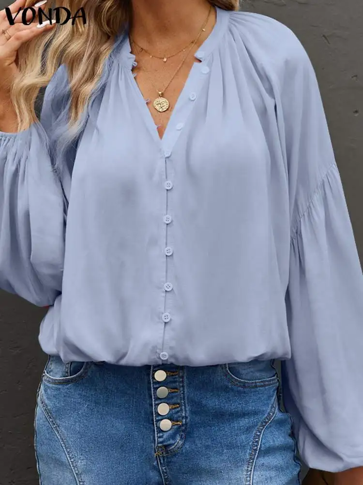 

VONDA Fashion Blouse 2023 Women Casual Solid Color Shirts Female Long Sleeve Party Tops Autumn V Neck Tops Lantern Sleeve Blusa