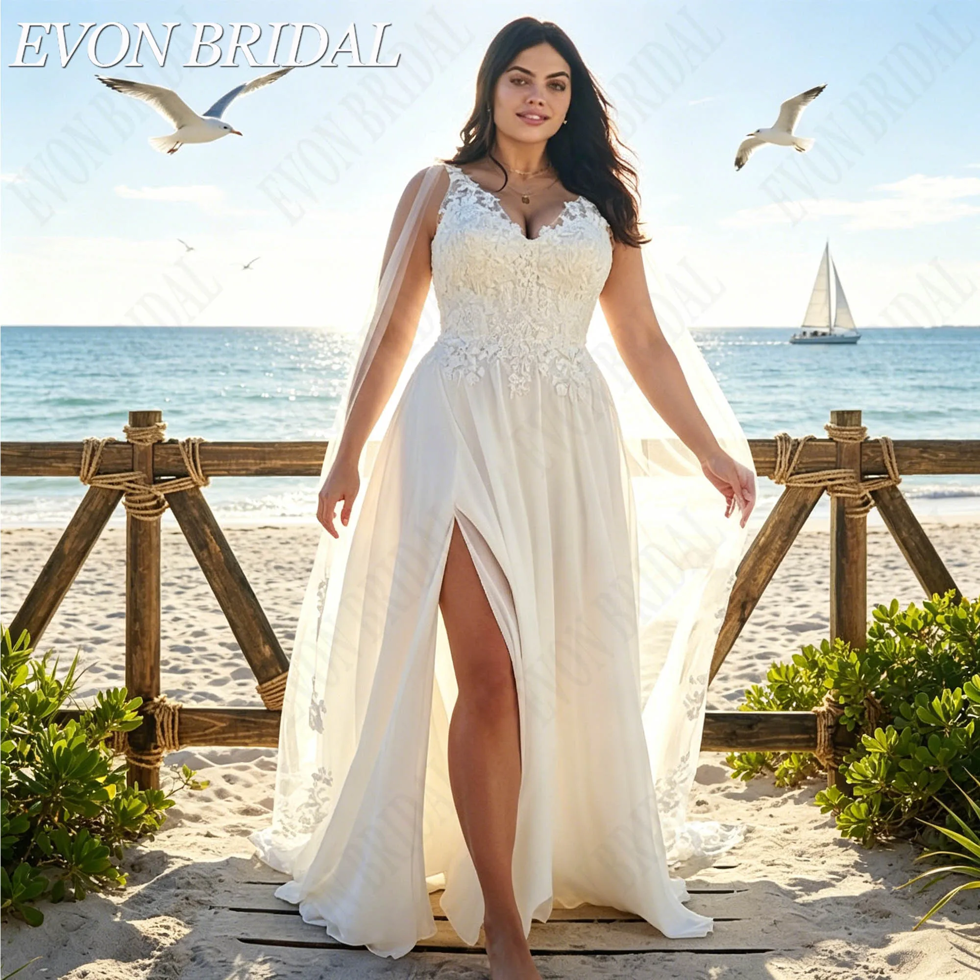 Фото EVON BRIDAL Бохо иллюзия свадебное платье на тонких бретелях, кружевные аппликации, тюлевое свадебное платье с V-образным вырезом силуэт А-лайн, индивидуальное изготовление свадебного платья, мягкий тюль нежное кружево №1