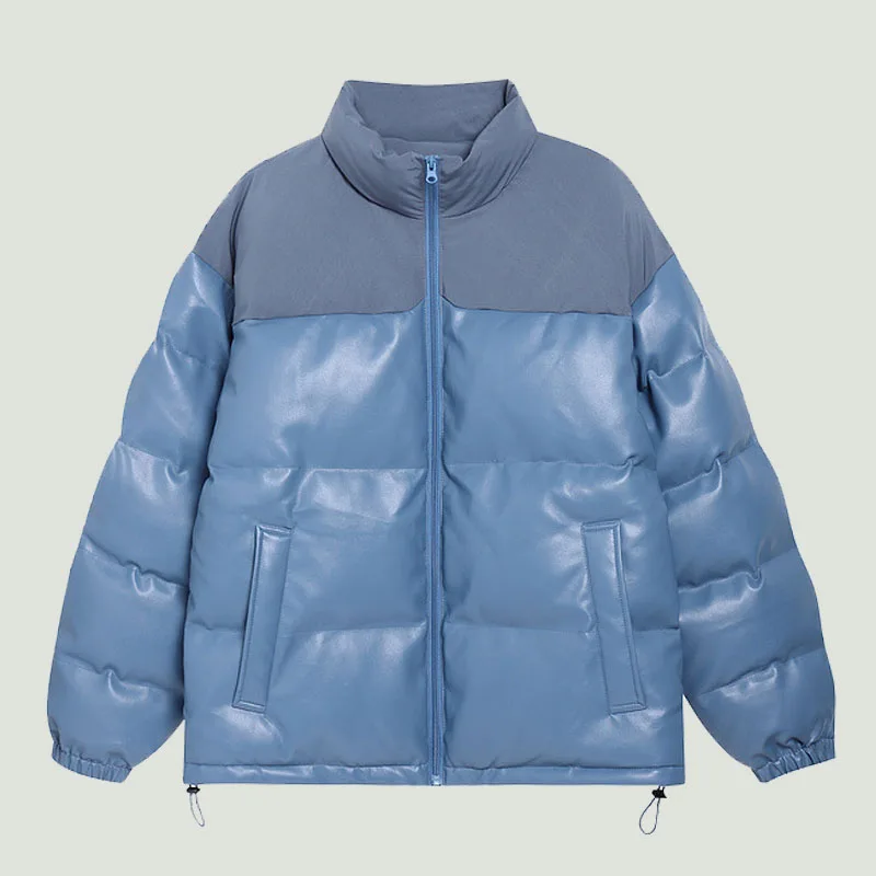 

Hip Hop High Street Simplicity Patchwork PU Leather Parkas Mens Winter Cotton Padded Warm Loose Solid Color Bread Coats Unisex